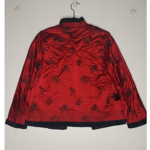Vintage Red Satin Embroidered Asian Cheongsam Black Curly Lamb Short Coat Small - Picture 8 of 10